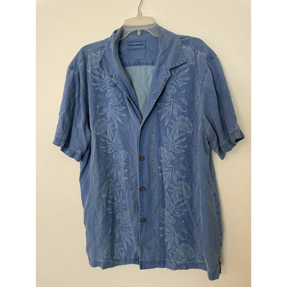 Caribbean Joe Men's 100% Silk Shirt, Blue Tropical design, Short Sleeve size XL